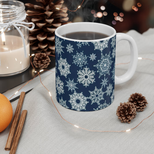 Snowflake Pattern Mug – Blue Winter Holiday 11oz Ceramic Coffee Cup